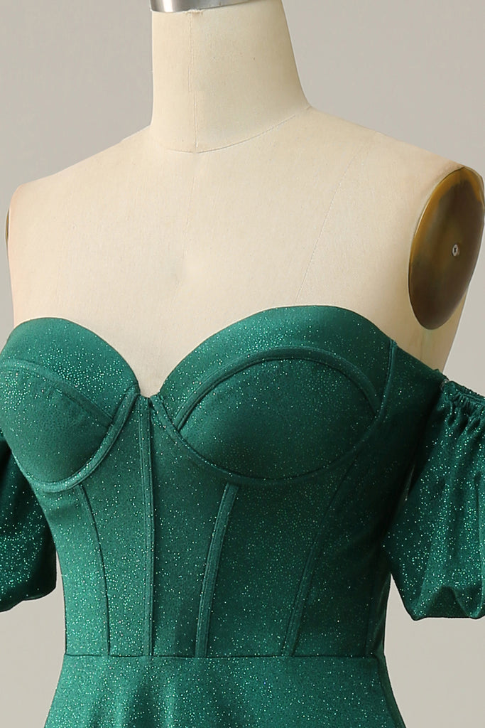 Elegant Green A-line Off-the-Shoulder Jacquard Satin Long Prom Dress Evening Dress cc4939