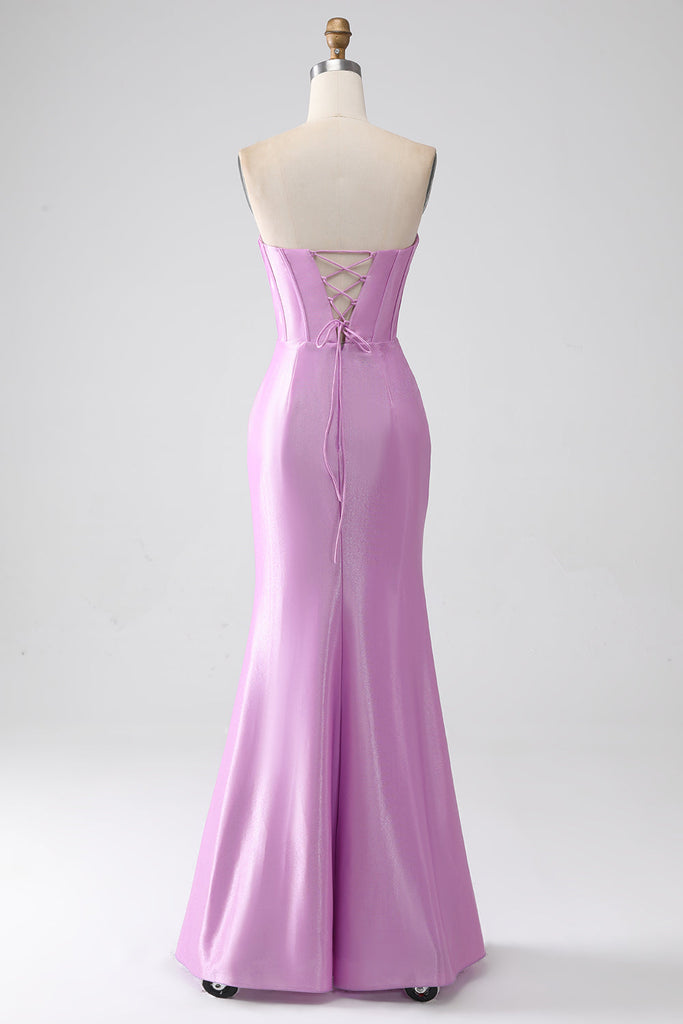 Light Purple Mermaid Strapless Ruched Beaded Corset Prom Dress with Slit