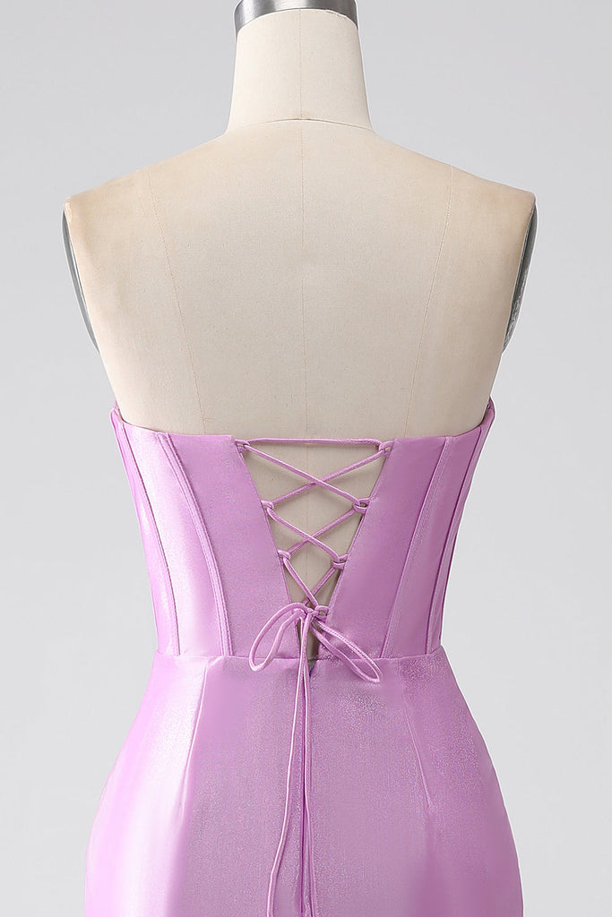 Dark Purple Mermaid Beaded Strapless Corset Long Ball Dress with Slit