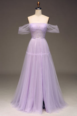 Lilac Off the Shoulder A Line Tulle Princess Prom Dress With Slit