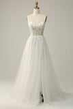 A Line Spaghetti Straps White Long Bridal Dress with Appliques