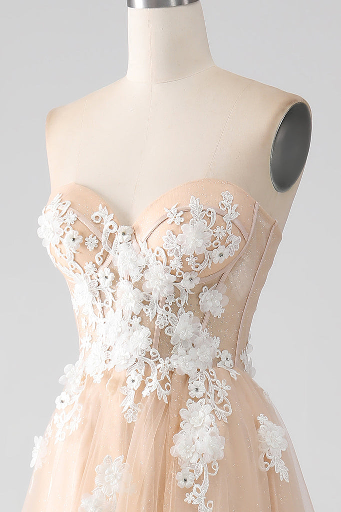 Zapakasa Women A-Line Champagne Strapless Corset Prom Dress with Appliques
