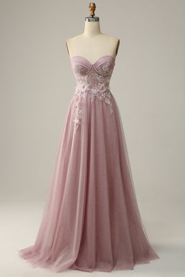 A Line Sweetheart Grey Purple Tulle Beaded Flower Prom Dress