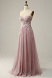 A Line Sweetheart Grey Purple Tulle Beaded Flower Prom Dress