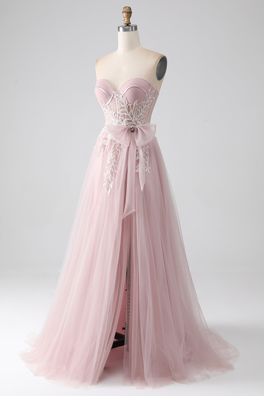 Sparkly A Line Strapless Tulle Prom Dress with Bow