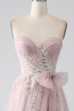 Sparkly A Line Strapless Tulle Prom Dress with Bow