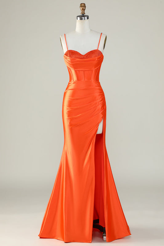 Orange Mermaid Spaghetti Straps Long Corset Prom Dress With Slit