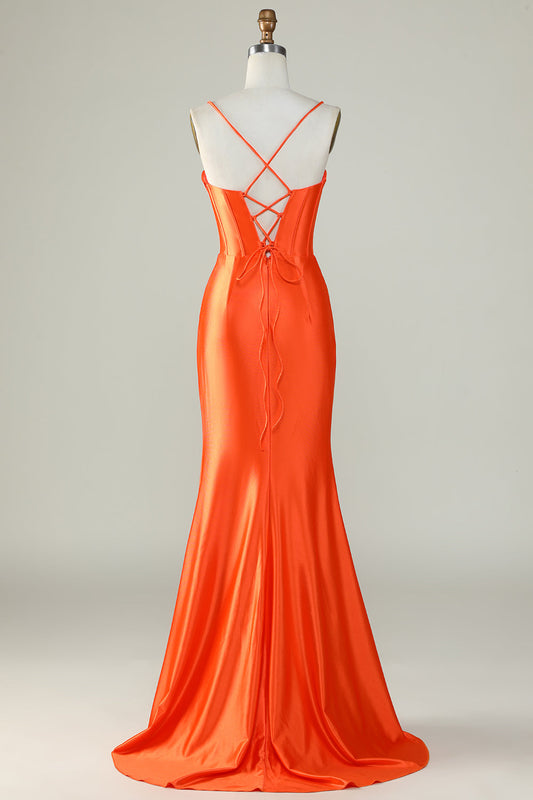 Orange Mermaid Spaghetti Straps Long Corset Prom Dress With Slit