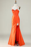 Orange Mermaid Spaghetti Straps Long Corset Prom Dress With Slit