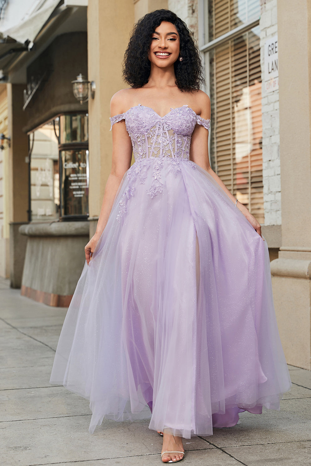 Gorgeous A Line Off the Shoulder Purple Corset Prom Dress with Appliques