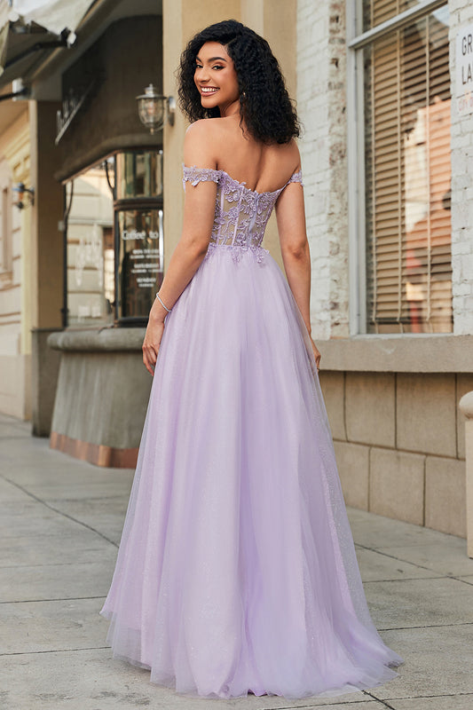 Gorgeous A Line Off the Shoulder Purple Corset Prom Dress with Appliques