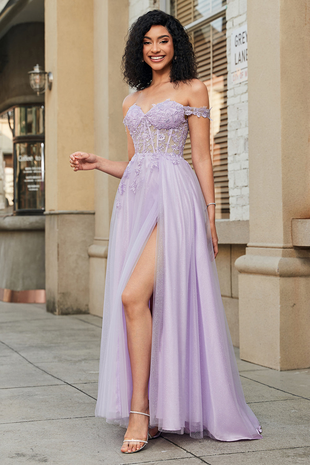 Gorgeous A Line Off the Shoulder Purple Corset Prom Dress with Appliques