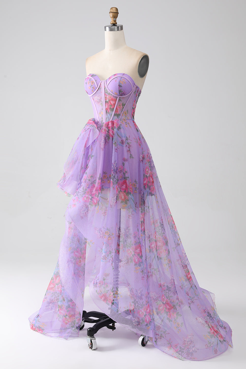 Purple Printed Strapless Corset Prom Dress