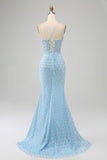 Glitter Sky Blue Spaghetti Straps Mermaid Prom Dress with Slit