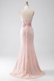 Glitter Pink Beaded Mermaid Prom Dress with Slit