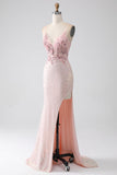 Glitter Pink Beaded Mermaid Prom Dress with Slit