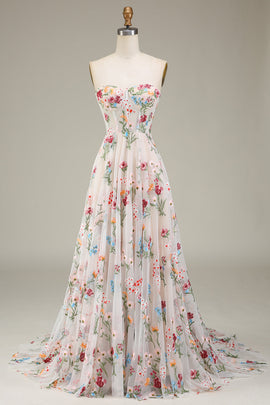 A-Line Sweetheart Long Corset Prom Dress With Flower