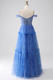 Blue Printed A Line Tulle Corset Prom Dress