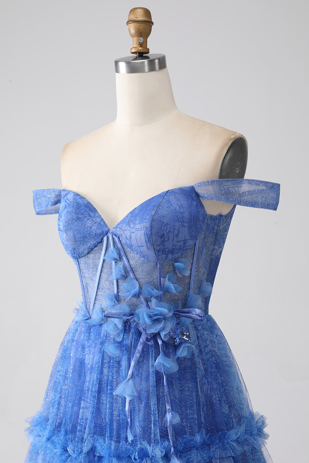 Blue Printed A Line Tulle Corset Prom Dress