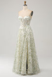 A-Line Light Green Corset Prom Dress with Embroidery