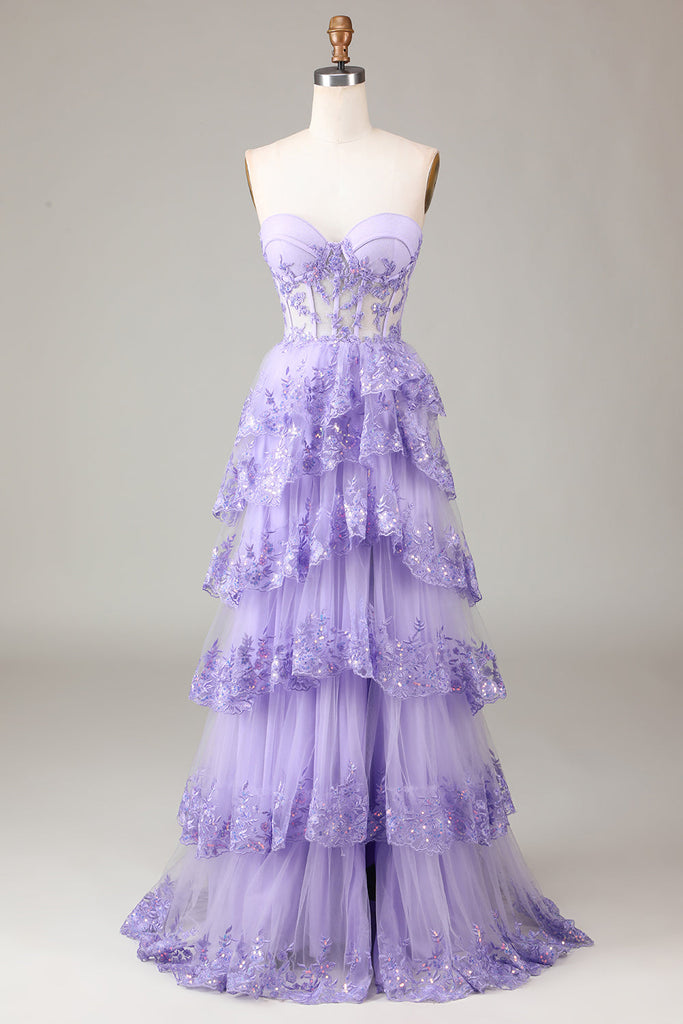 Lavender Strapless Tulle Ruffled Corset Prom Dress with Slit main image 1