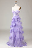 Lavender Strapless Tiered Tulle Corset Prom Dress with Appliques