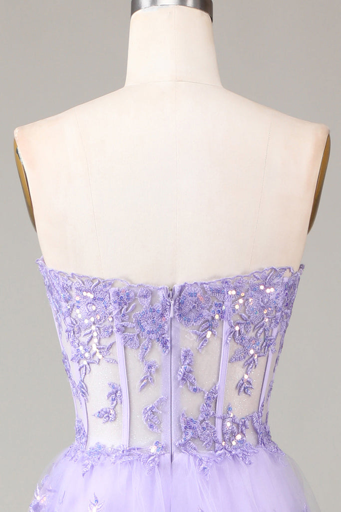 Lilac Sheath Strapless Corset Ball Dresses With Lace Appliques main image 1