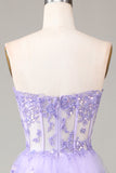 Lavender Strapless Tiered Tulle Corset Prom Dress with Appliques