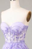 Lavender Strapless Tiered Tulle Corset Prom Dress with Appliques
