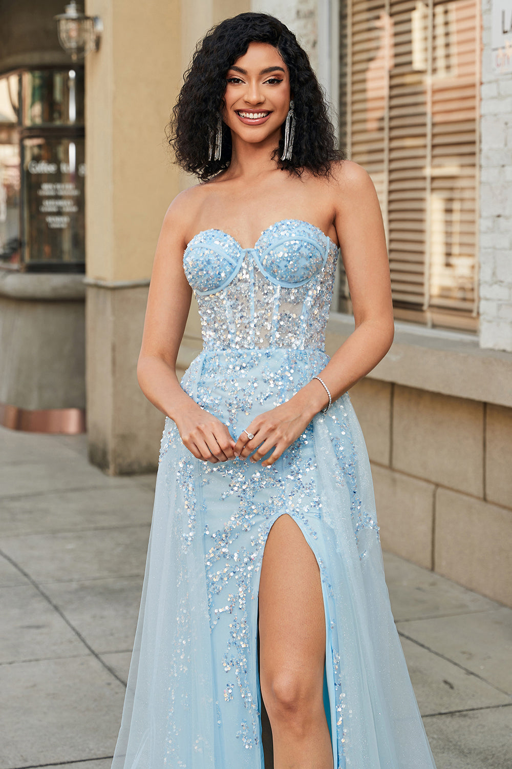 Zapaka Women Corset Blue Strapless A Line Prom Dress with Slit Sequins Sparkly Party Dress Zapaka Women Corset Blue Strapless A Line Prom Dress with Slit Sequins Sparkly Party Dress