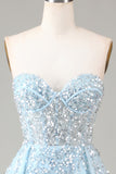 Corset Blue Strapless A Line Prom Dress with Slit