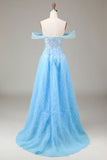 Off the Shoulder Blue A Line Princess Corset Prom Dress with Slit