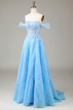 Off the Shoulder Blue A Line Princess Corset Prom Dress with Slit