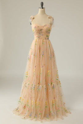 Champagne Embroidery Long Prom Dress