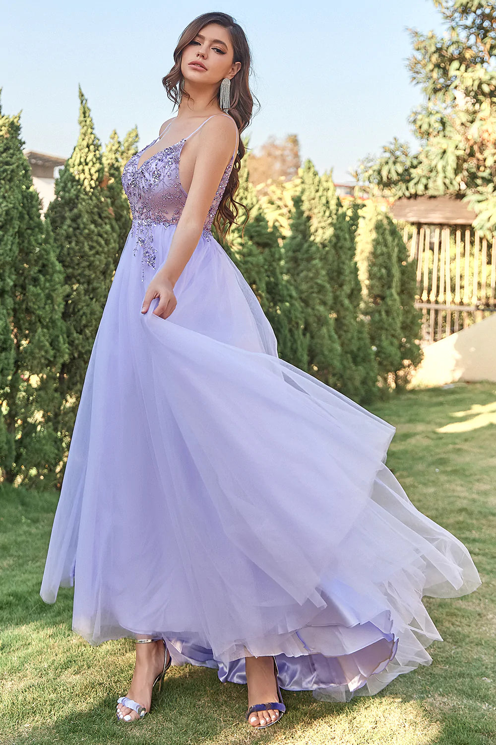 dresses purple dresses ZAPAKA Women Sparkly Lilac A-Line Corset Prom Dress With Side Slit Evening Dresses With Rhinestones, Lilac / UK12