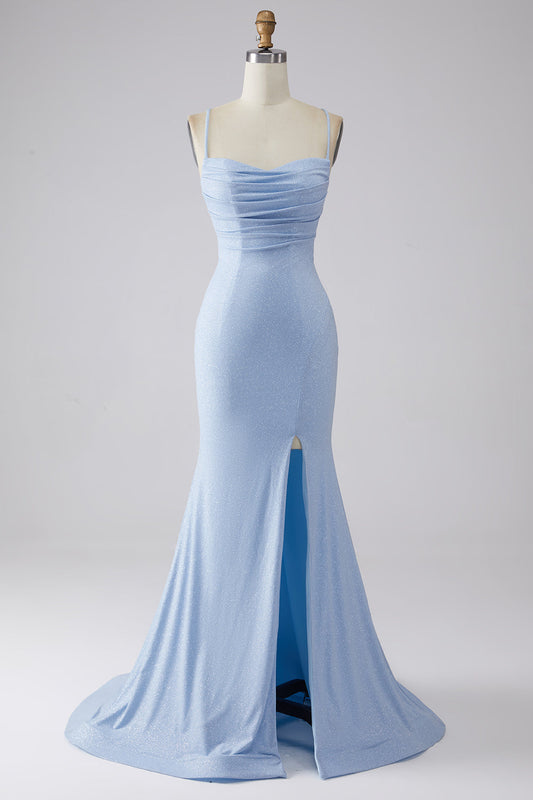 Light Blue Sparkly Mermaid Prom Dress with Slit