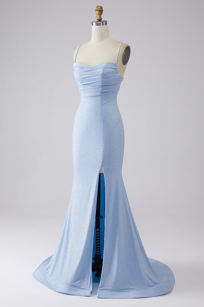 Sparkly Blue Sequin Prom Dress Strapless Side Slit Floor Length Mermaid Party Gown,OLP1721
