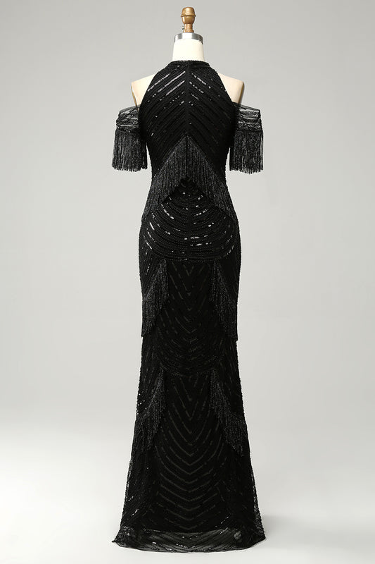 Black Sheath Halter Sequin Fringe Prom Dress