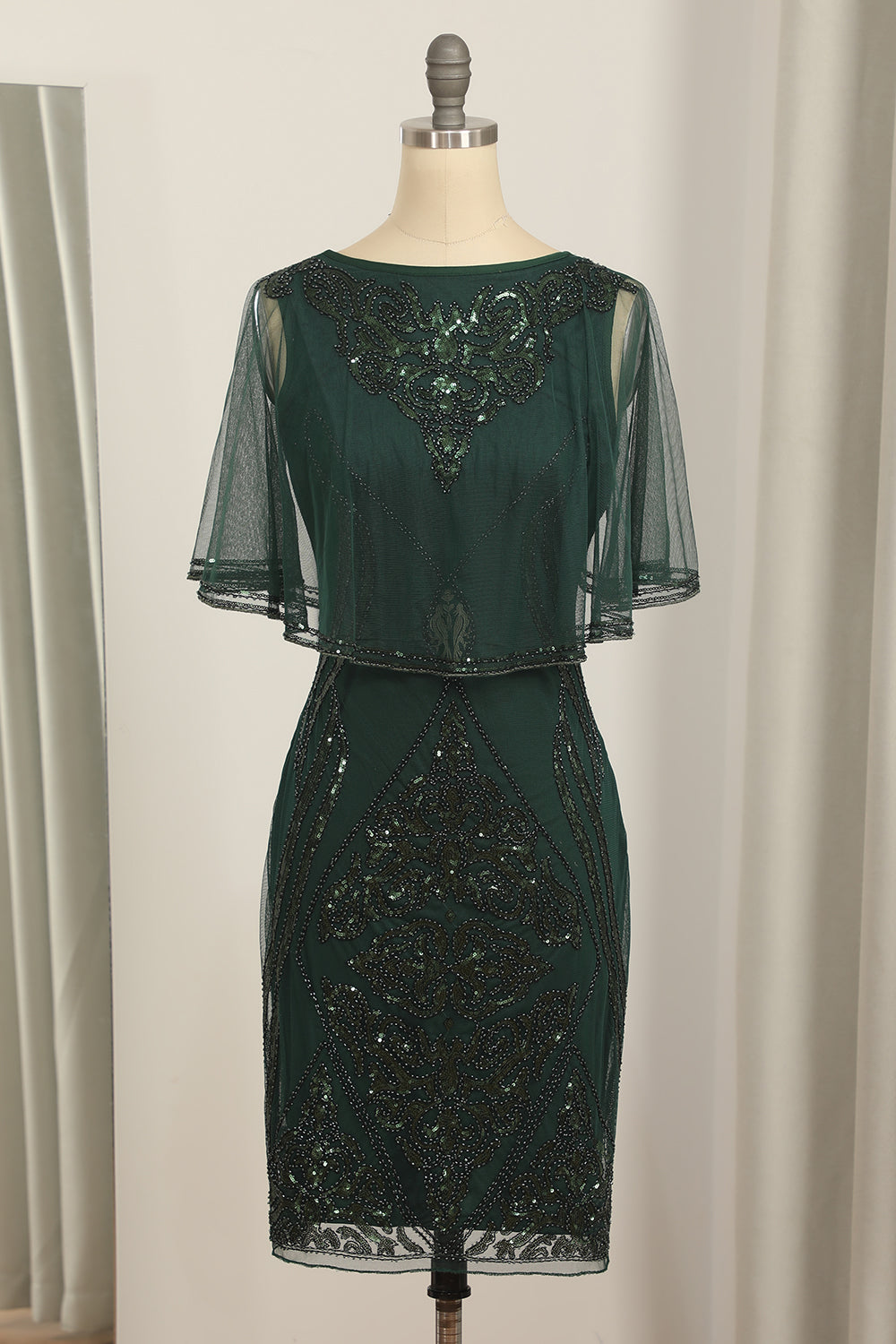 Dark Green Bateau Neck Mother Of The Bride Dress With Cape