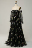 Black Off Shoulder Floral Long Prom Dress