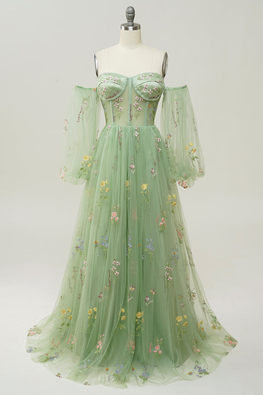 Green Off Shoulder Floral Long Prom Dress