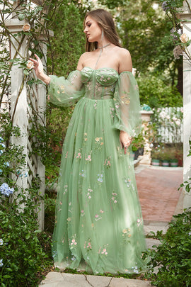 Off The Shoulder Green Long Sleeves A-Line Prom Dress