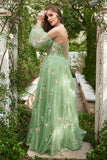 Off The Shoulder Green Long Sleeves A-Line Prom Dress