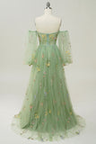 Green Off Shoulder Floral Long Prom Dress