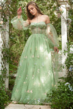 Off The Shoulder Green Long Sleeves A-Line Prom Dress