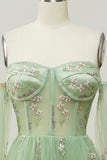 Green Off Shoulder Floral Long Prom Dress