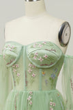Green Off Shoulder Floral Long Prom Dress