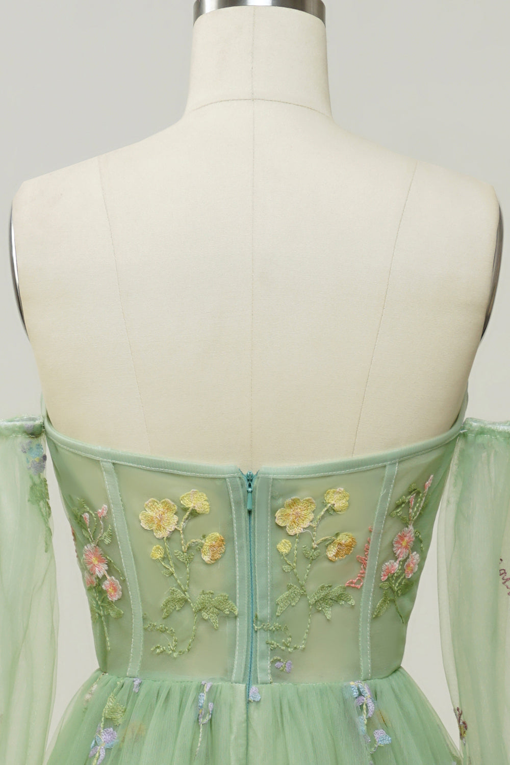 Green Off Shoulder Floral Long Prom Dress