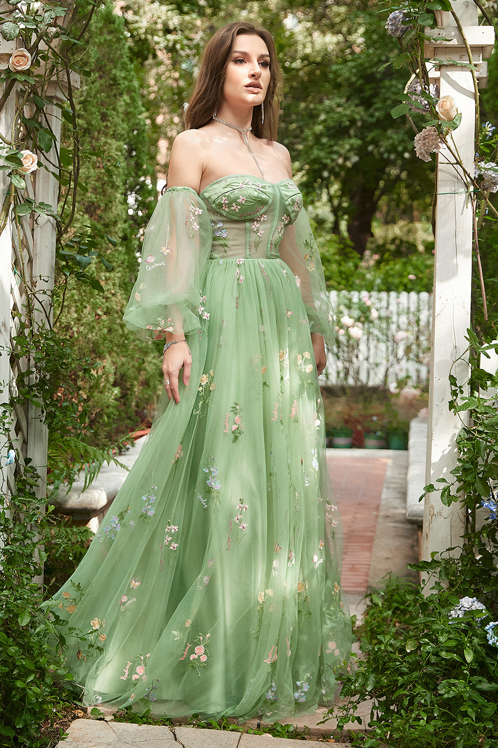 Off The Shoulder Green Long Sleeves A-Line Prom Dress