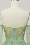 Green Off Shoulder Floral Long Prom Dress